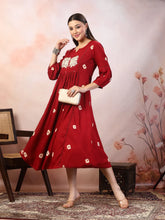 Women's Maroon Bandhej Printed & Embroidered Rayon Maxi Dress-DRSMAROONROSE